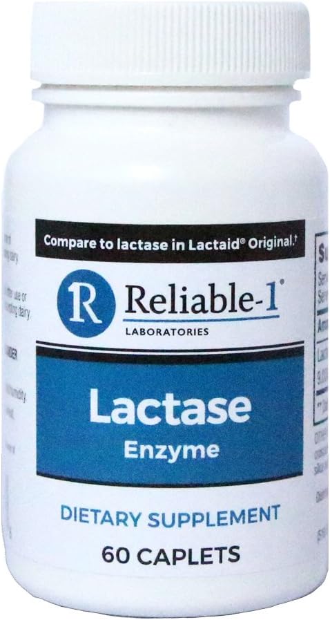 RELIABLE 1 LABORATUVIES Lactase Enzyme Diyetsel Supplement (60 Caplets, 1 Şişe) - Gaz, Bloating ve Diarrhea'yı Süt bazlı Ürünlerden Önlemeye Yardımcı
