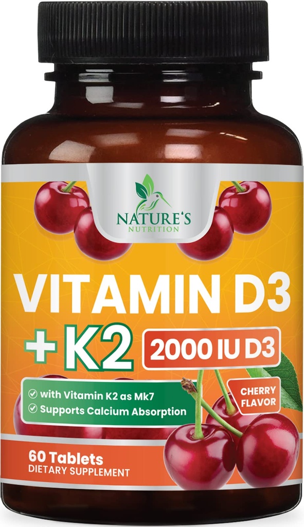 D 2000 IU 50mcg Per Tablet - Vitaminler D3 & K2 (MK7) Kemik, Dişler, Kas, Kalsiyum Aborpsiyon, Destekler Immune & Heart Health, Chewable Formula USA Şişed - 60 Tabletler