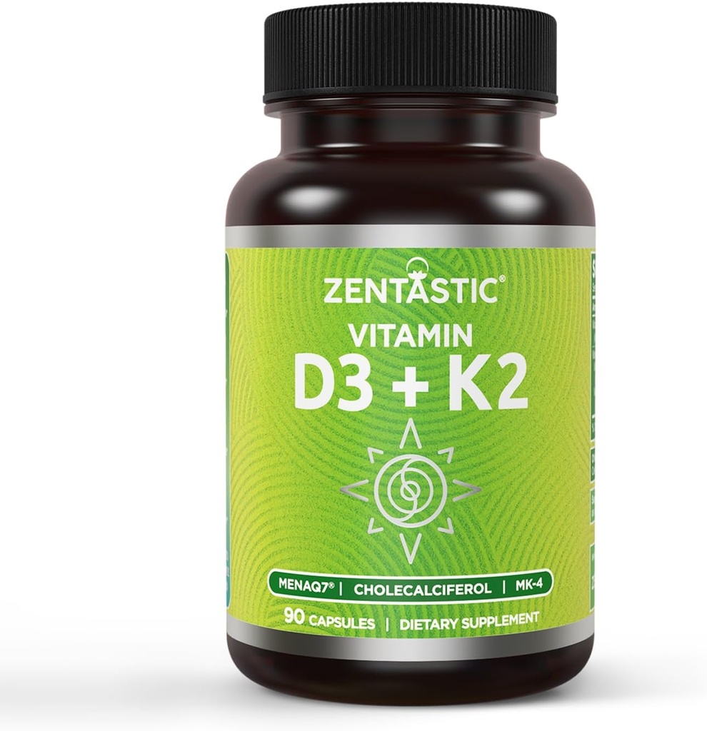 Zentastic Vitamin D3 K2, 5000IU & 200mcg, D & Patentli MK7 & MK4 3in-1 Kompleksi Desteği için - Vejetaryen, Non-GMO, 90 Caps