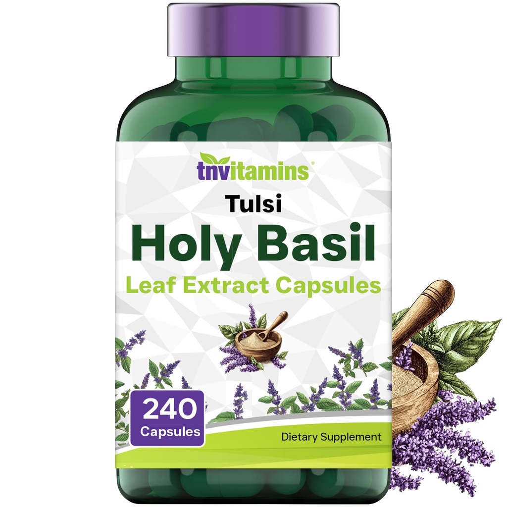 Tnvitamins Holy Basil Capsules (1,600 mg Eşdeğer - 240 Capsules) | 8 Ay Supply | AKA Tulsi | Stres ve Güvenlendirici Yardımı * | Adaptojenik, & Ayurvedic Herb