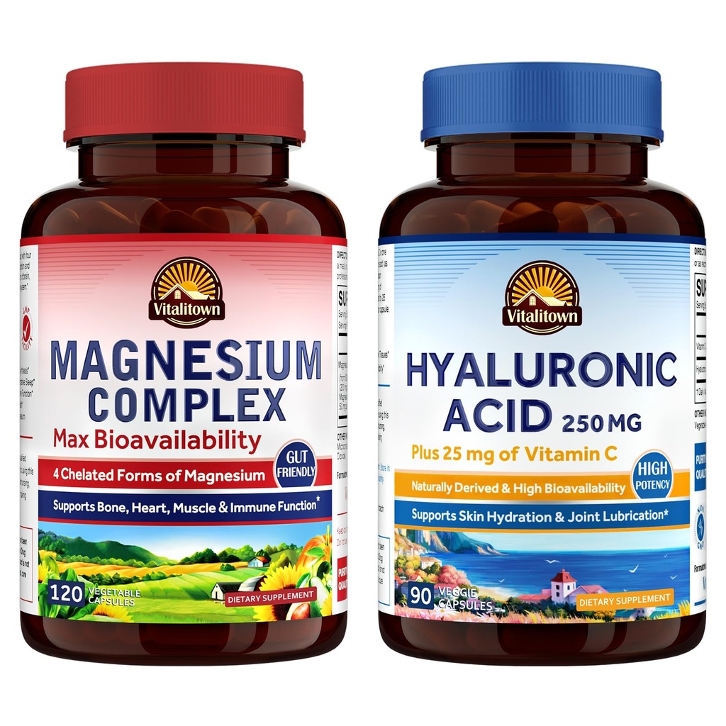 Vitalitown Magnezyum + Hyaluronic Acid Sche / Magnezyum Kompleksi (Item 1) & Hyaluronik Asit Plus C (Item 2) | 120 Magnezyum Capsules & 90 Hyaluronic Acid Capsules