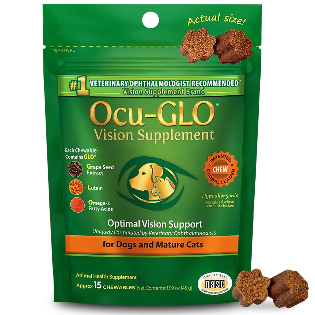 Ocu-GLO Cat & Dog Senior Supplement for Eye Support - Büyük ve Küçük Evcil Hayvan Bakımı Lutein, Omega-3 Fatty Acids, Grape Seed & Antioksisss