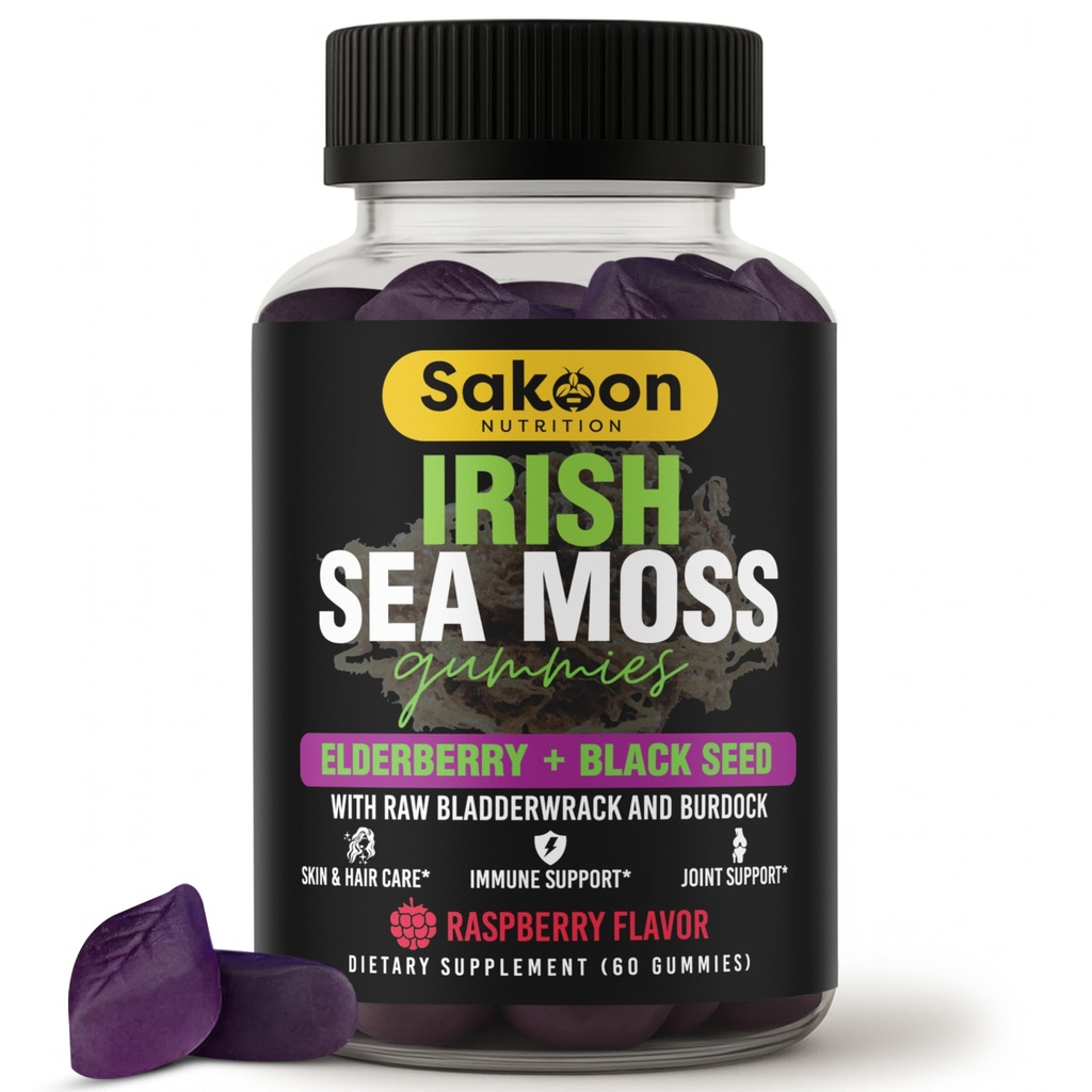 İrlandalı Sea Moss Gummies with Elderberry & Black Seed Oil - Genel Wellness Desteği | Vitaminlerde Zengin, Raspberry Flavor | 60 Gummies