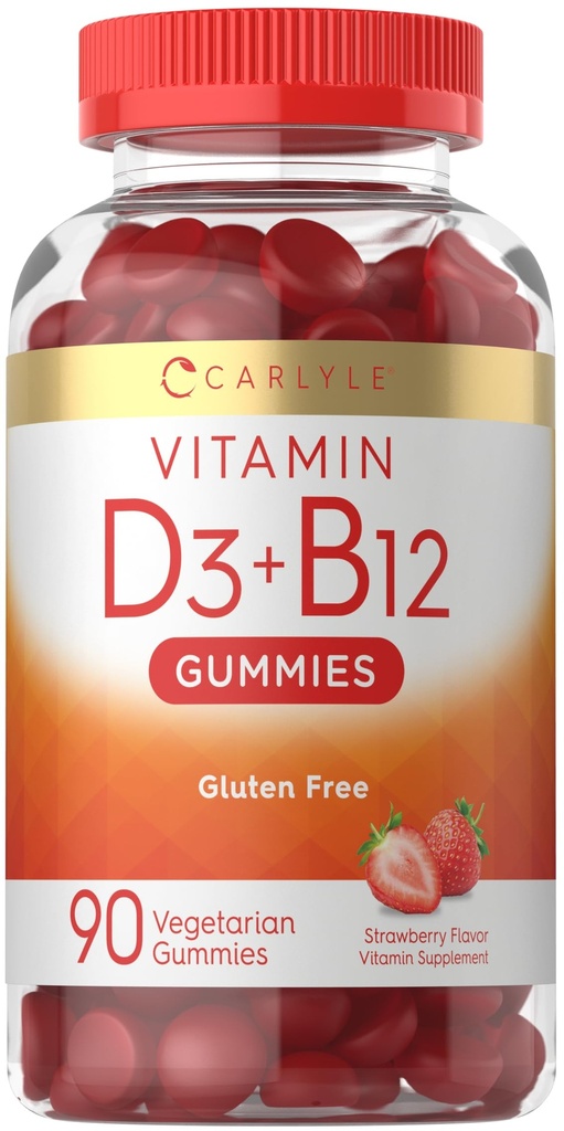 Carlyle Vitamin D3 + B12 Komplek Gummies | 90 Kont | Vejetary, Non-GMO ve Gluten Free Formula | Strawberry Flavor Supplement