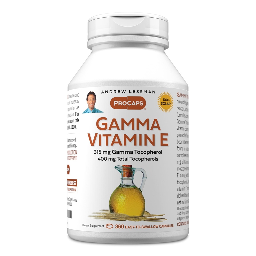 ANDREW LESSMAN Gamma Vitamin E 360 Softgels - 315 mg Gamma Tocopherol, Koruyucu Vitamin E. Dört Doğal Tocopherols Formları Ahiflower Oil ile Güçlü Anti-oksidan. Hiçbir Sentetik Form