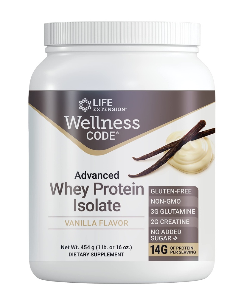 Life Extension Wellness Code Advanced Whey Protein Isolate - Vanilla Flavor -Protein Shake Mix Toz için Kas Büyüme ve Immune Health Support - Gluten Free, Non-GMO, Sugar Free - 454g - 20 Servisler