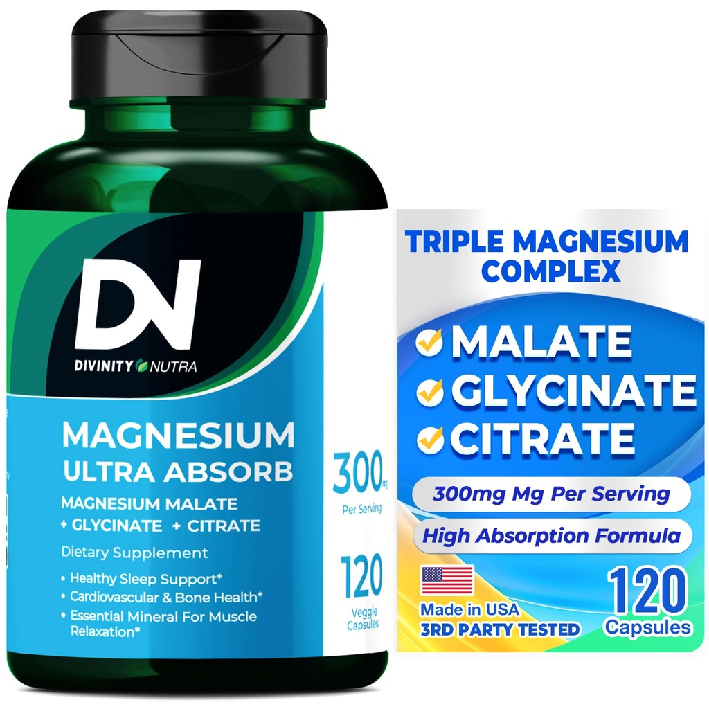 Divinity Nutra Triple Magnezyum Kompleksi Tamam,300 mg of Magnezyum Glycinate, Malate & Citrate for Muscles, Nerves, & Energy, High Abxia, 120 Vegan Capsules,Non-GMO USA Made Made Made Made