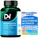 Divinity Nutra Triple Magnezyum Kompleksi Tamam,300 mg of Magnezyum Glycinate, Malate & Citrate for Muscles, Nerves, & Energy, High Abxia, 120 Vegan Capsules,Non-GMO USA Made Made Made Made