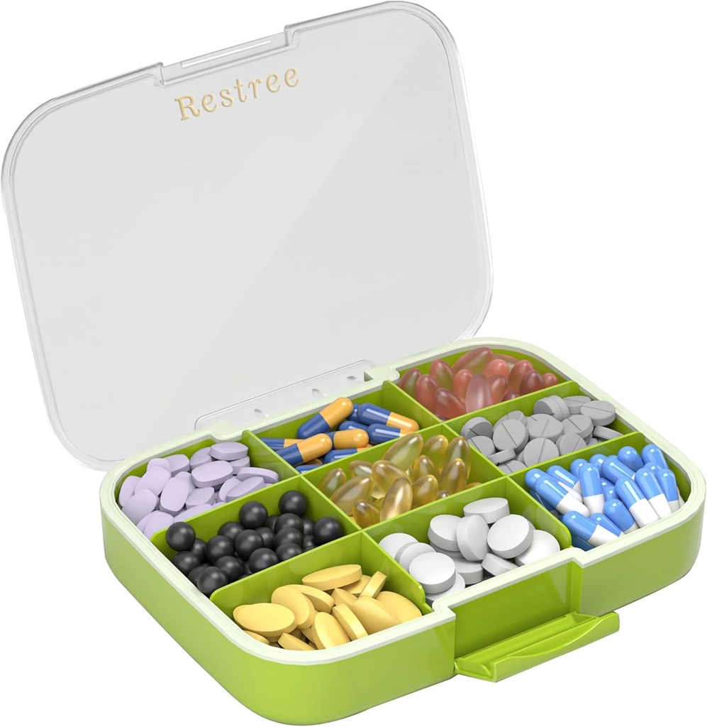Restree Large Pill Organizer, Moisture Kanıt & Sular Seyahat Pill Case, Portatif İlaç Kutuları Vitaminler için Ayarlanabilir Kan Yağı ve Günlük Pills 9 Karşılaştırma (Green)