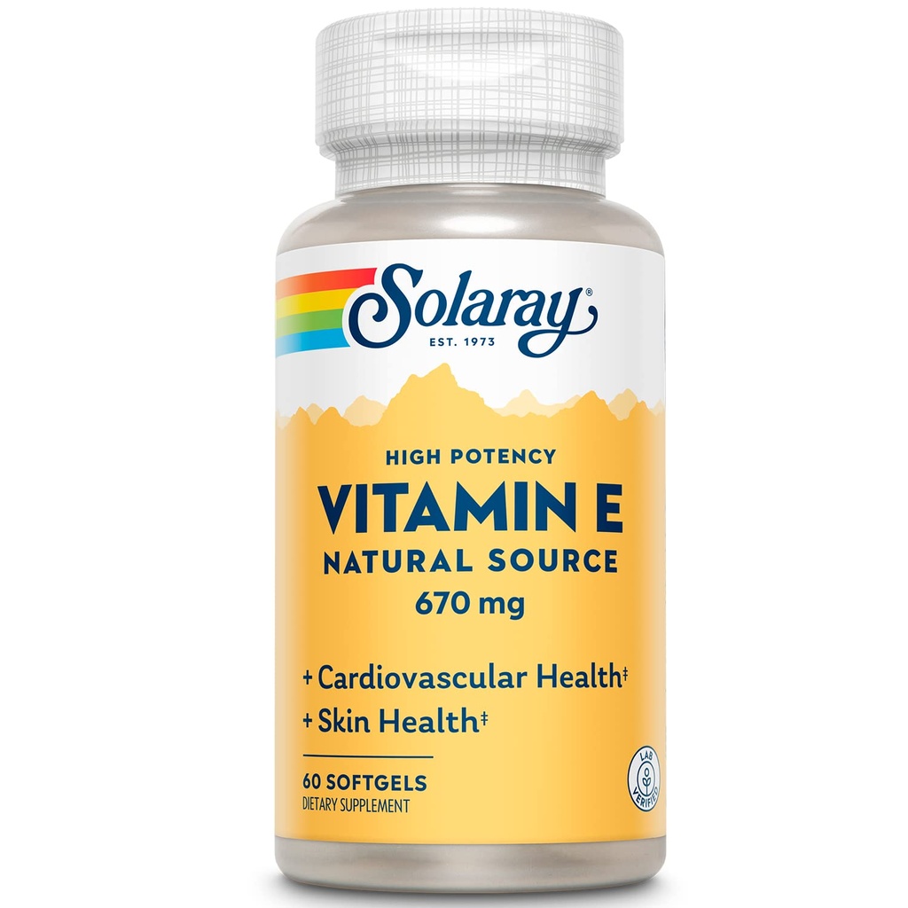 SOLARAY Vitamin E 1000 IU Softgel Capsules, 670 mg - d Alfa Tocopherol E Supplements - Skin Health, Heart Function ve Antioksit - 60 Günlük Garanti - 60 Hizmet, 60 Softgels
