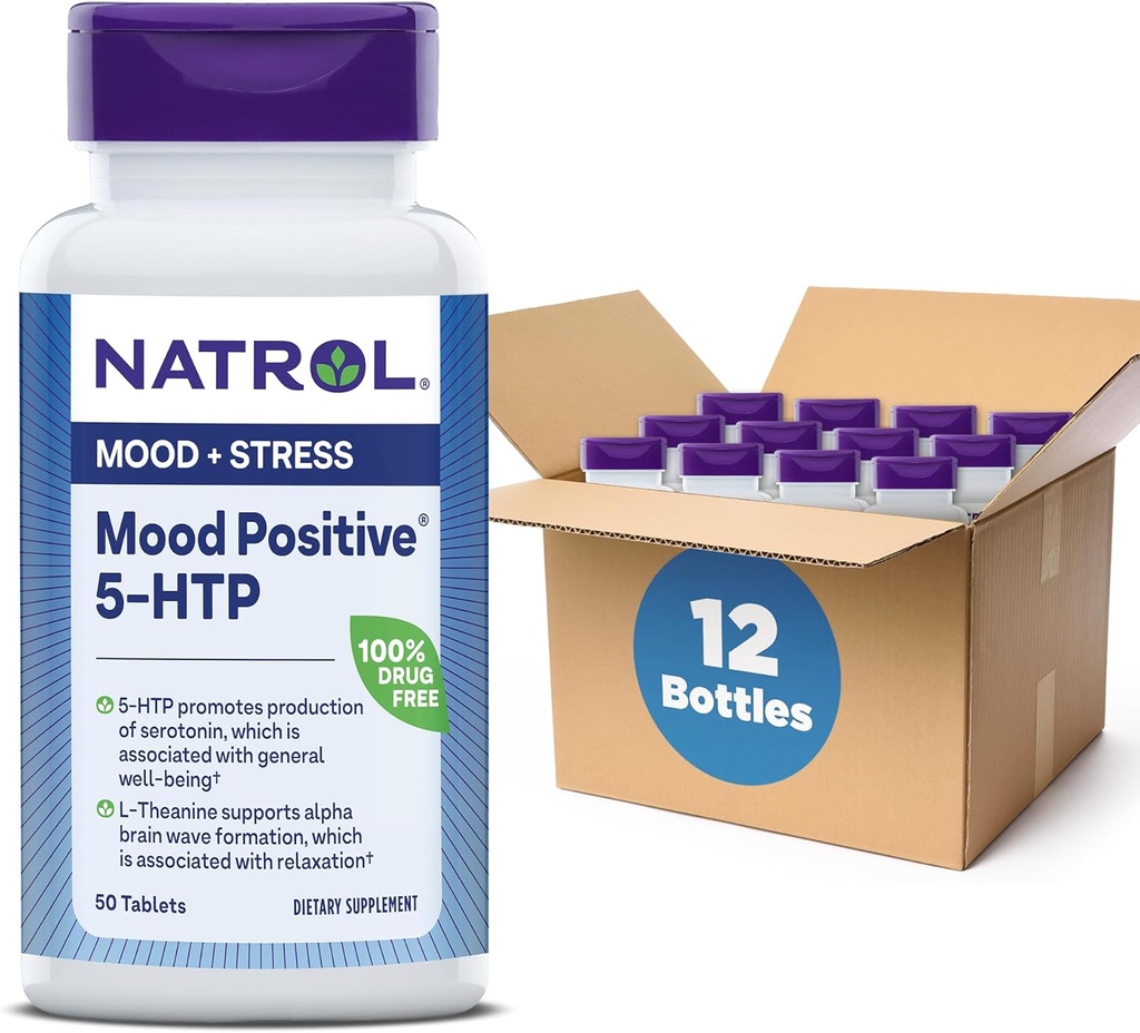 Natrol Mood Pozitif 5-HTP 50mg with L-Theanine, Vitamin B6, Vitamin B12 ve Folate, Diyet Supplement Olumlu Bir Mood, 50 Tablet, 25-50 Day Supply (Pack of 12)