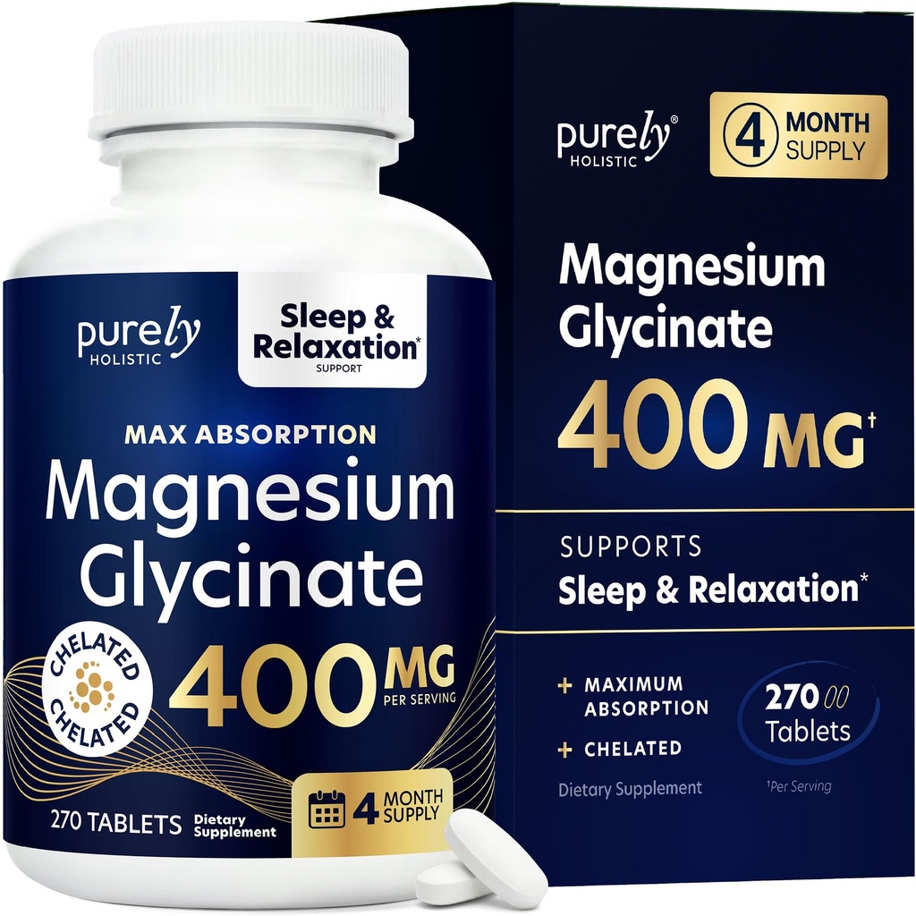 Magnezyum Glycinate 400 mg - 270 Tablet Magnezyum (not Capsules) - 400 mg Elemental Magnezyum - Yüksek Biyo kullanılabilir - Vegan ve Vegetarian - Geliştirilmiş Uyku için, Stres Yardım & Cramp Savunması