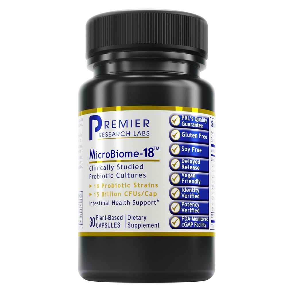 Premier Research Labs MicroBiome-18 - Probiotics for Digestive Health, Probiotics with Lactobacillus Acidophilus for Women and Men, Reuteri for Healthy Gut Microbiome - 30 Vegetarian Capsules