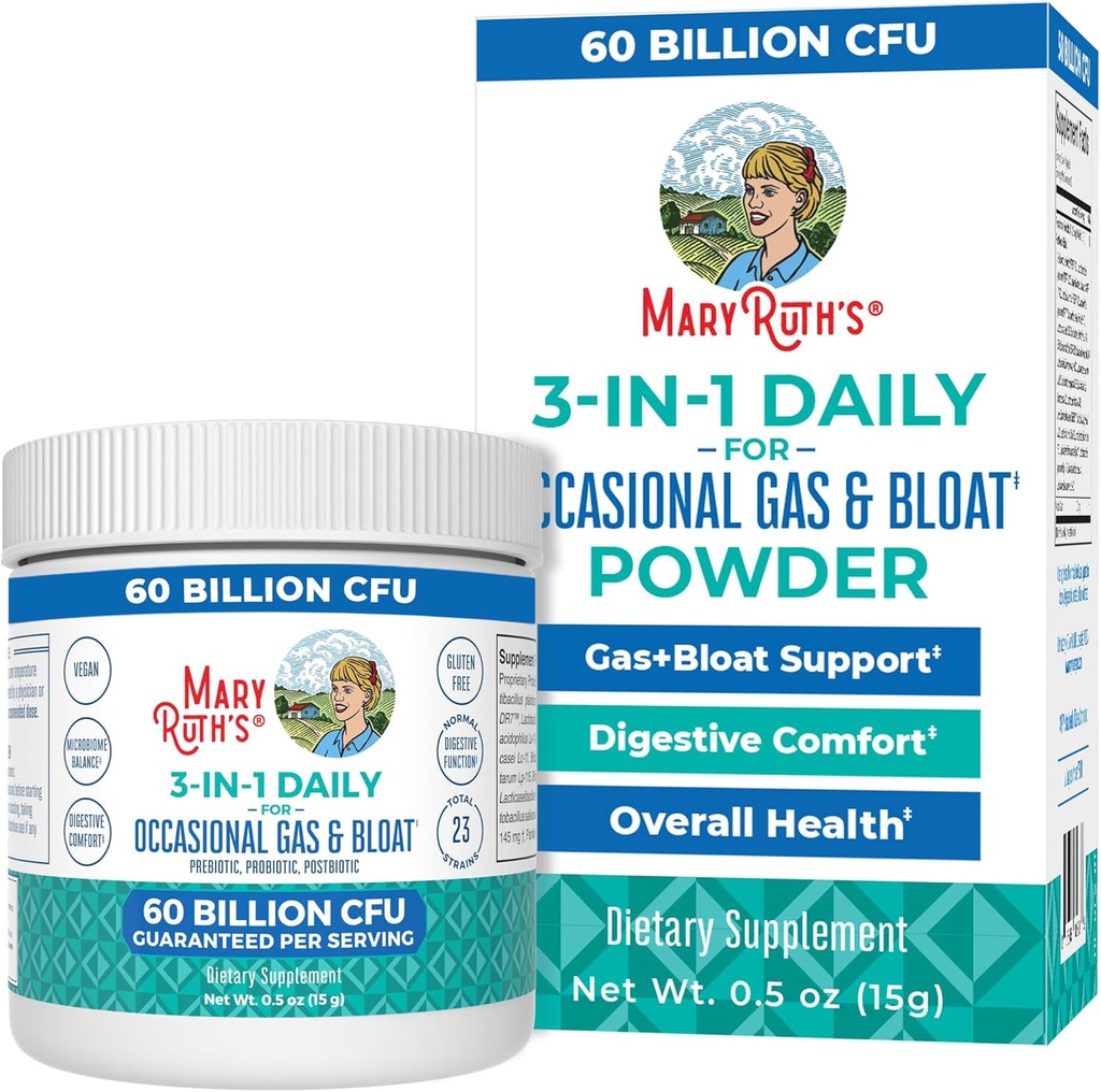 MaryRuth Organics 3-in-1 Gas & Bloat Probiyotiks | Normal Digestive Function | Probiyotiks for Women & Men | Prebiyotiks & Postbiyotiks | 60 Milyar C | Raf Stable | 0,5 ozFU | Raf