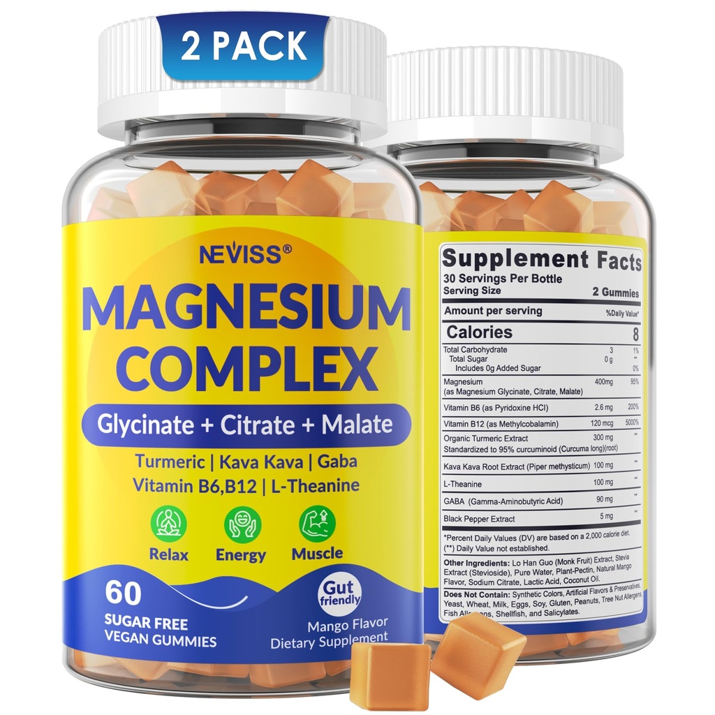 Magnezyum Kompleks Gummies 400 mg, Magneisum Glycinate Citrate Malate + Turmeric, GABA, B6 B12, Kava, L-Theanine for Sleep, Calm, Relaxation, Energy, Magnezyum Gummies for Women Men, Vegan, 2 Pack