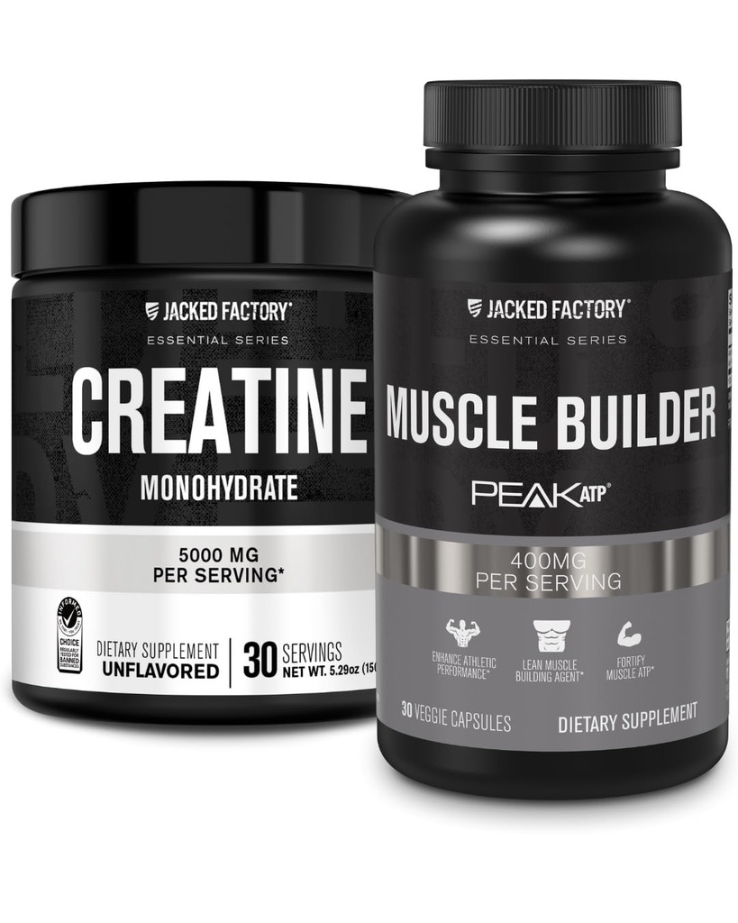 Jacked Factory Tinatine Monohidrat Toz 150g - Kas Büyüme, Artan Güçlü & Essentials Muscle Builder - PeakATP (30 Capsules) ile Günlük Kas Builder