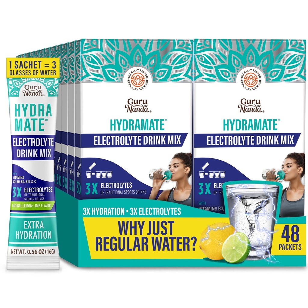 GuruNanda Hydration Support Drink Mix - Elektrolyte Toz Paketi Dehidrasyon, Egzersiz ve Enerji - Sweeteners, Non-GMO, Natural Lemon Lime Flavor - 48 Count (0.56 oz Her)