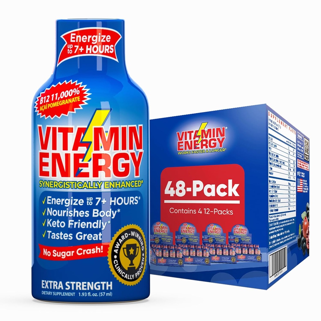 Enerji B12 11,000 Ekstra Güçlü Enerji Shot Açaí Pomegranate 48 Pack, 260 mg Natural Caffeine, B12 & B6, Nootropic Focus, Vitality, Zero Sugar, Gluten-Free, Vegan, Kosher, 1.93 fl ozz