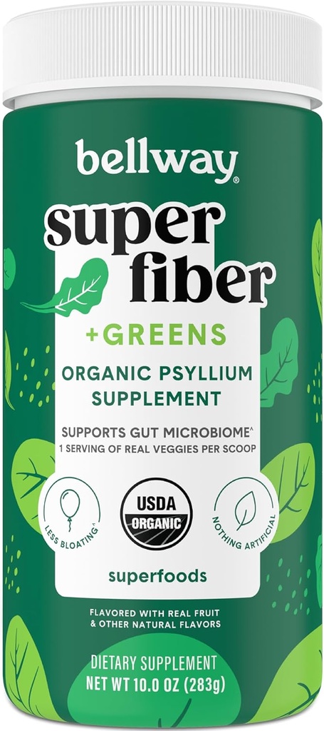 Bellway Super Fiber + Greens Toz, Sugar-Free Psyllium Husk Fiber Supplement Toz Super Greens (30 hizmet)