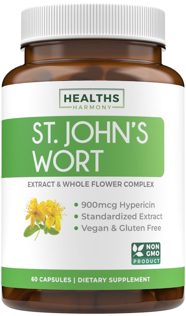 St John's Wort Capsules - Güçlü & Potent Saint John's Wort Extract & Whole Herb Kompleksi Günlük Mood Desteği için 900mcg Hypericin - Vegan Non-GMO & Lab Doğrulandı (60 Caps)