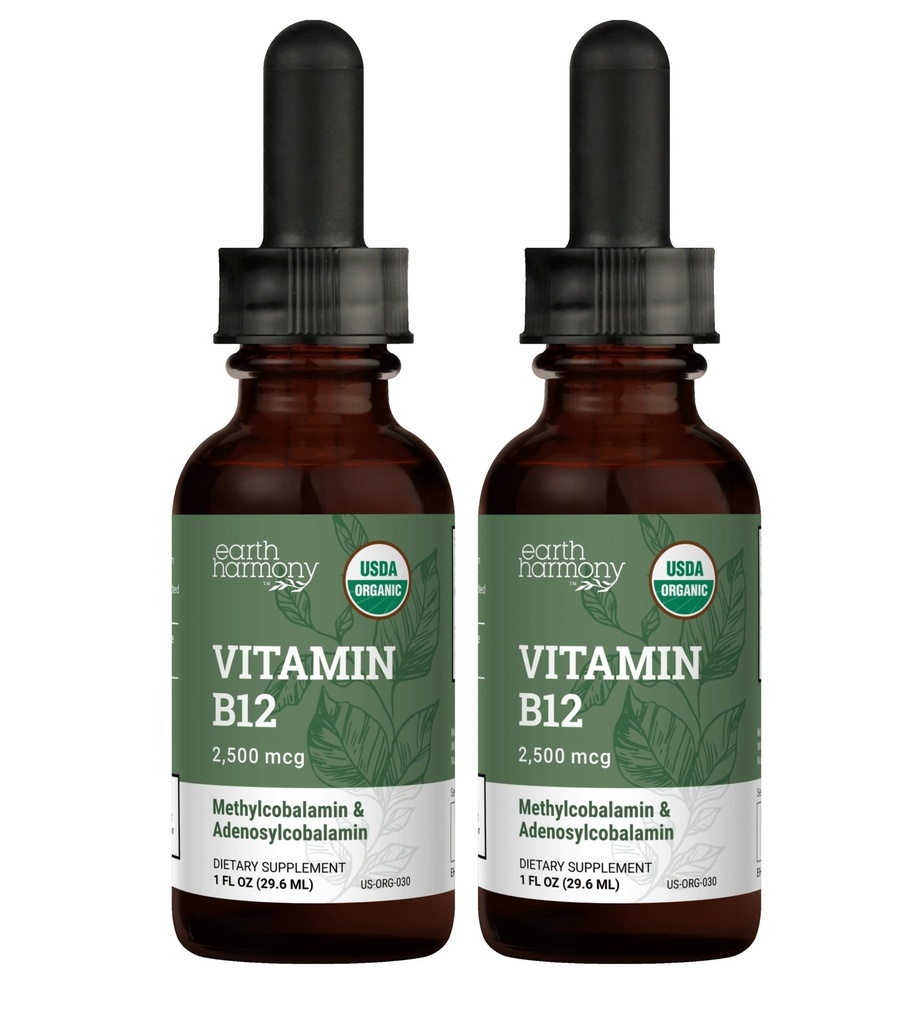 USDA Organik Vitamin B12 2000mcg Sublingual Liquid Supplement (2-Pack) - Vegan Mecobalamin Natural Energy için damlalar, Metabolism ve Immune Sistem Desteği - 1 Fl Oz