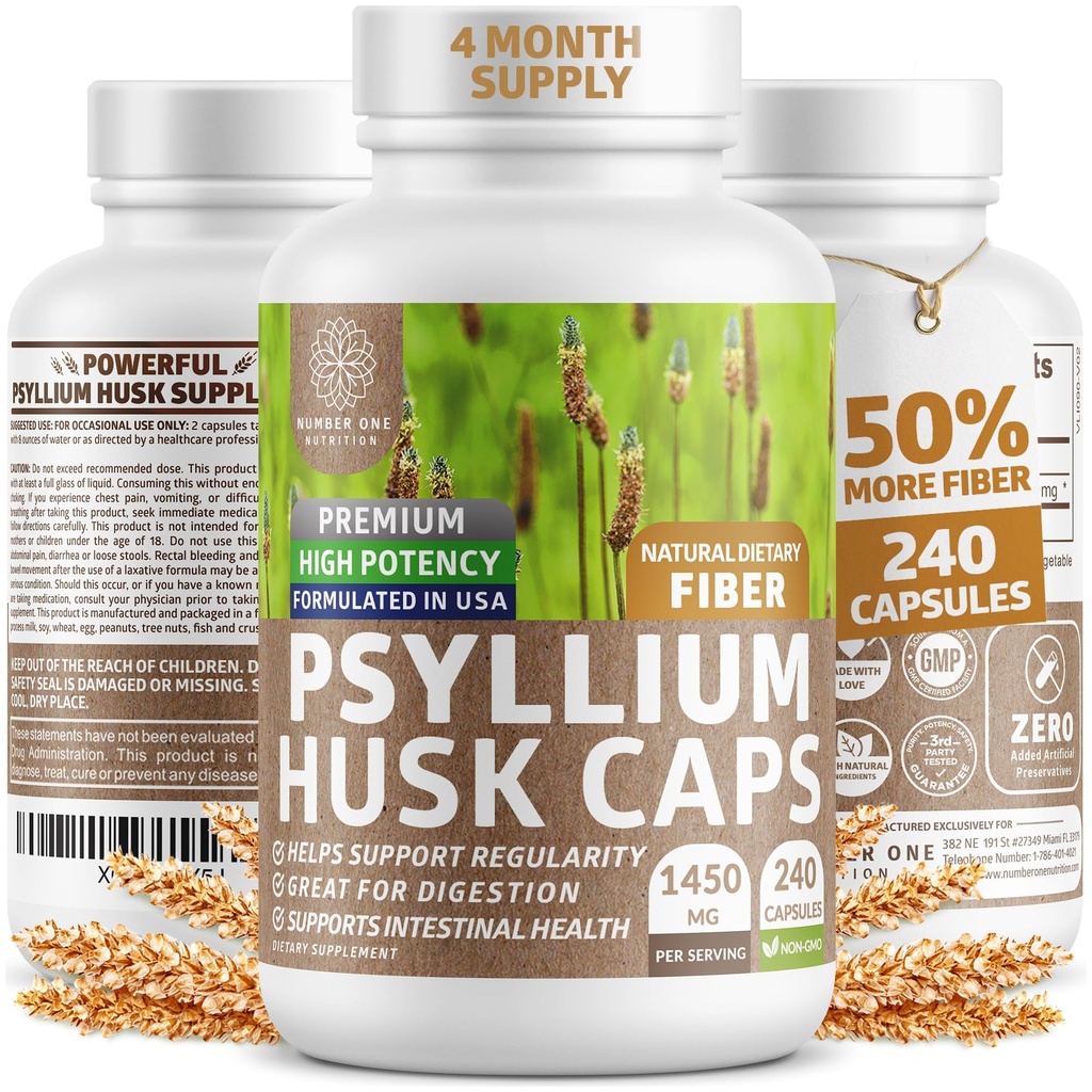 N1N Premium Psyllium Husk Capsules [All Natural,1450 MG] Düzenliliği ve Digestive Health'i desteklemek için Güçlü bir Fiber Supplement, 240 Caps