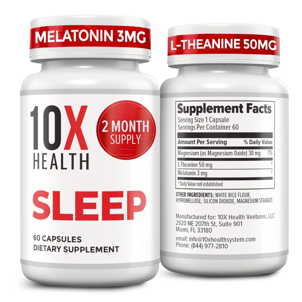 Yetişkinler için 10X Health Sleep Supplements - 60 Capsules - Melatonin 3 mg, L Theanine, Magnezyum Supplement, Magnezyum Oksit for Deep, Better Rest & Relaxation - 3-in-1 Natural Sleep Support