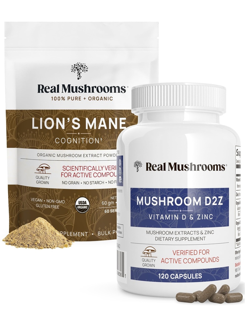 Real Mushrooms Vitamin D2, Chelated çinko, Chaga, Reishi (120ct) ve Organik Lion's Mane Toz (60 Hizmet) Sche - Immunity and Cognitive Support, Improv Abors - Vegan, Gluten Free, Non-GMOMOMO