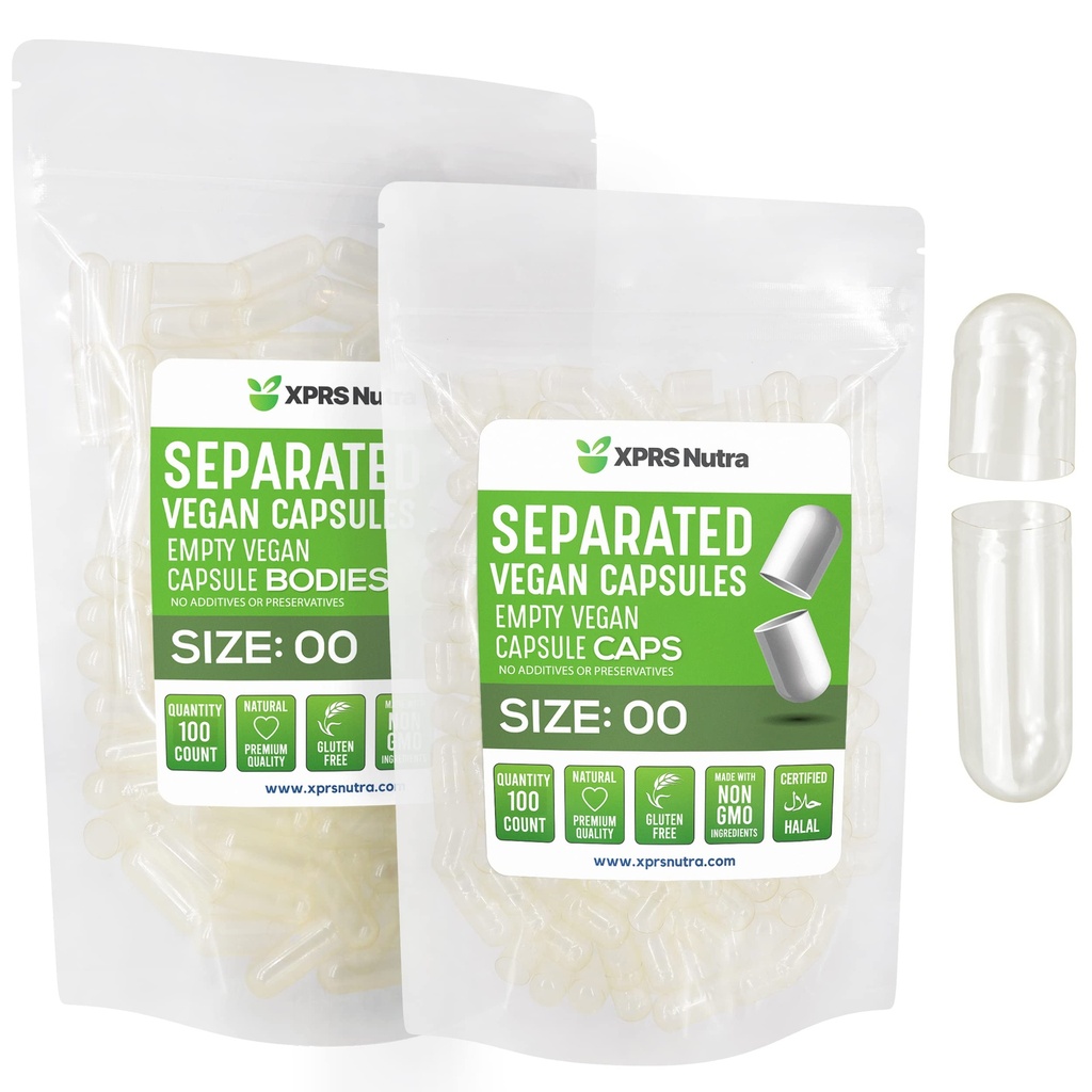 XPRS Nutra Vegan Boyutu 00 Ayrılı Kapsüller - 100 Kont Clear Premium Boş Kapsüller Çantada Ayrıştı - 00 Pills DIY Tamam Filling için Boş