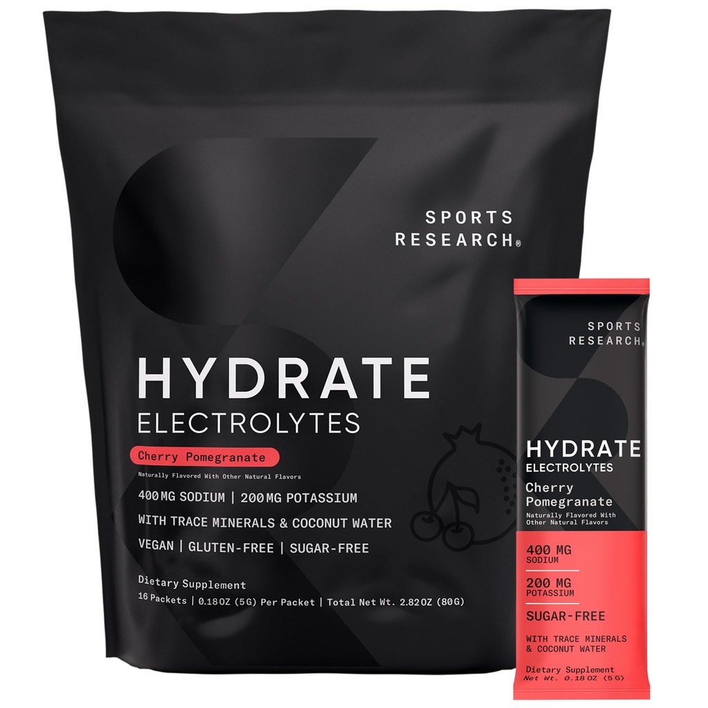 Spor Araştırmaları Hydrate Electrolytes Toz Paketleri - Sugar-Free & Natural Flavored with Vitamins, Minerals, and Coconut Water - Supports Hydration - 16 Packets - Cherry Pomegranate