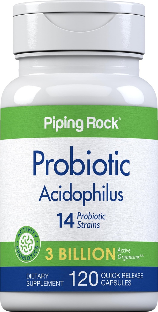 Piping Rock Probiotic Acidophilus Capsules for Women and Men | 3 Billion Live Cultures | 120 Pills | 14 Strains Supplement | Non-GMO, Gluten Free