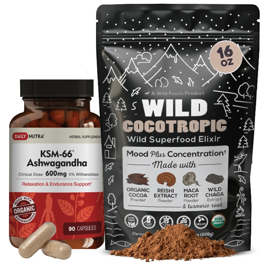 DailyNutra KSM 66 Ashwagandha (90 Capsules) ve Mushroom Cacao Mix (16oz) Rahatlama ve Odaklılık için Grafik (90 Capsules)