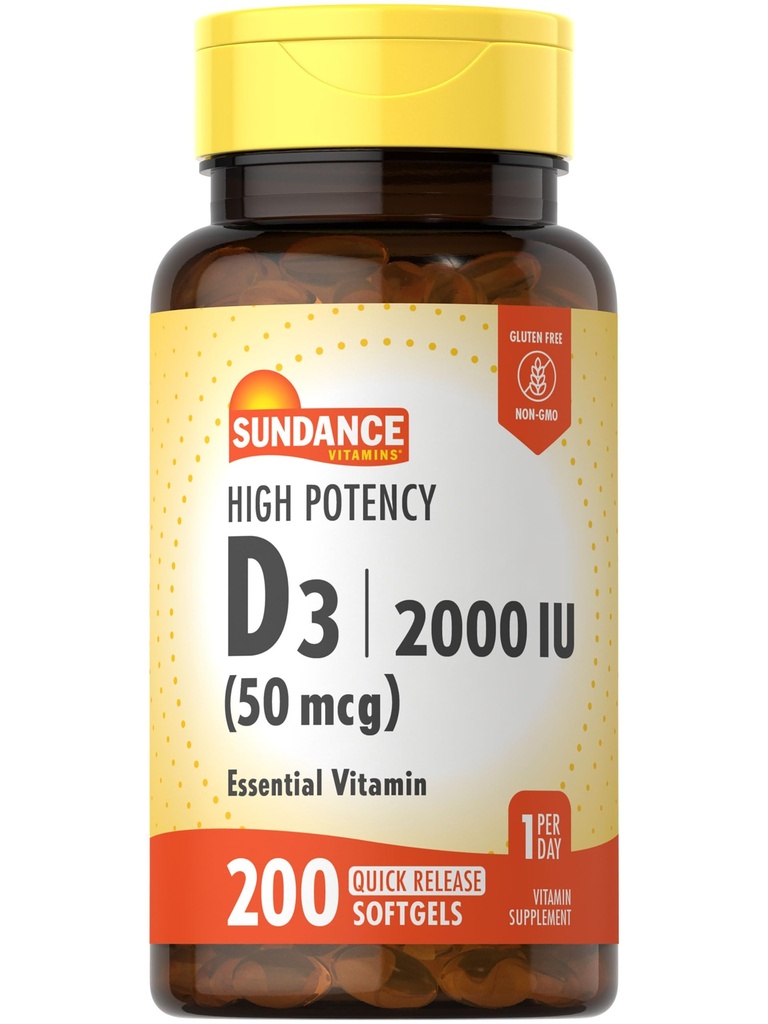 Sundance High Potency D3 2000 IU | 200 Hızlı Yayın Softgels | Essential Vitamin Formula | Non-GMO ve Gluten Ücretsiz Supplement