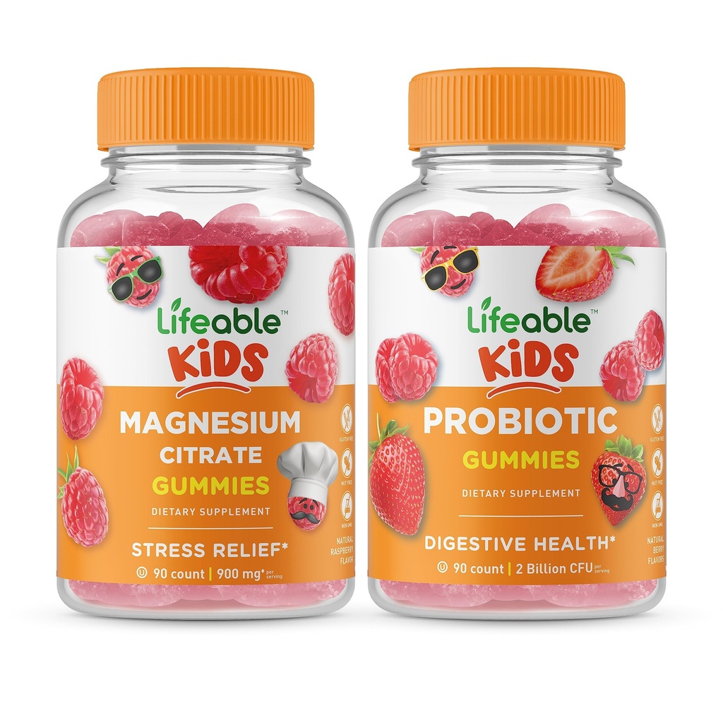 Lifeable Magnezyum Kids + Probiyotik 2 Milyar CFU Kids, Gummies Sche - Great Tasting, Vitamin Supplement, Gluten Free, GMO Free, Chewable Gummy