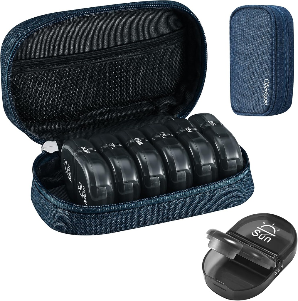 Serfeymi Weekly Travel Pill Organizer 2 Times A Day AM PM Yükseltd Black Pill Box 7 Day with Portatif Hologram Kanları, Vitaminler, Tamamlar, Fish Oils - Blue 01