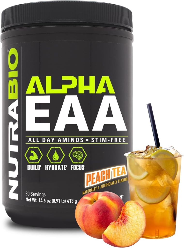 NutraBio Alpha EAA - Kas Büyüme ve Hydration için All-Day Amino Asitler - Nootropics & Adaptogens- Full Spectrum EAA BCAA Toz - 30 Hizmet - Peach Çay