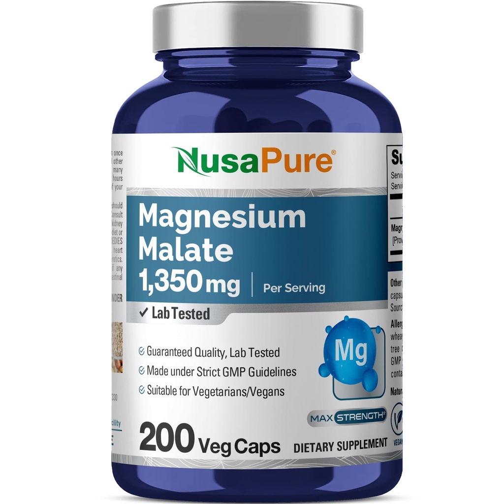 NusaPure Magnezyum Malate 1350 mg 200 Veggie Capsules (Vegan, Non-GMO, Vegan)