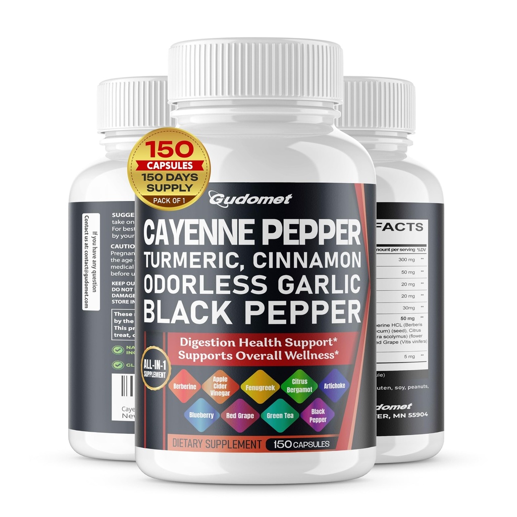 Cayenne Pepper Turmeric Odorless Cin Cinnamon Fenugreek Citrus Bergamot Artichoke Blueberry Green Tea Black Pepper -150 Capsules- Made in USA