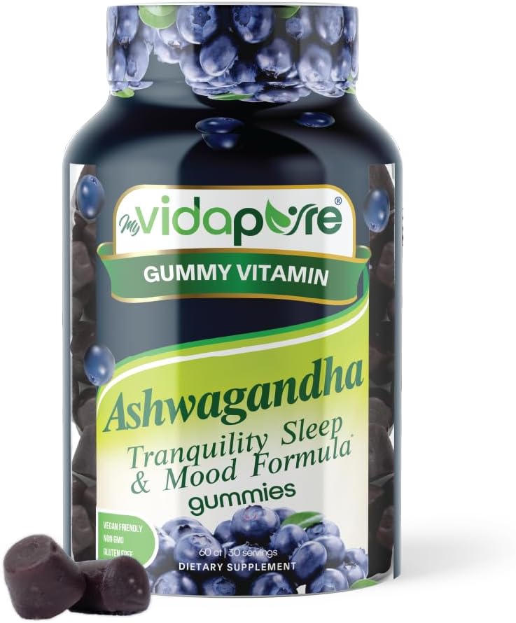 Ashwagandha Gummies, High Potency Ashwagandha Root Extract with Magnezyum Glycinate, Melatonin, B6, Valerian Root, GABA, Erkekler ve Kadınlar için Passion çiçek. 60 Kont 30 benimVidaPure