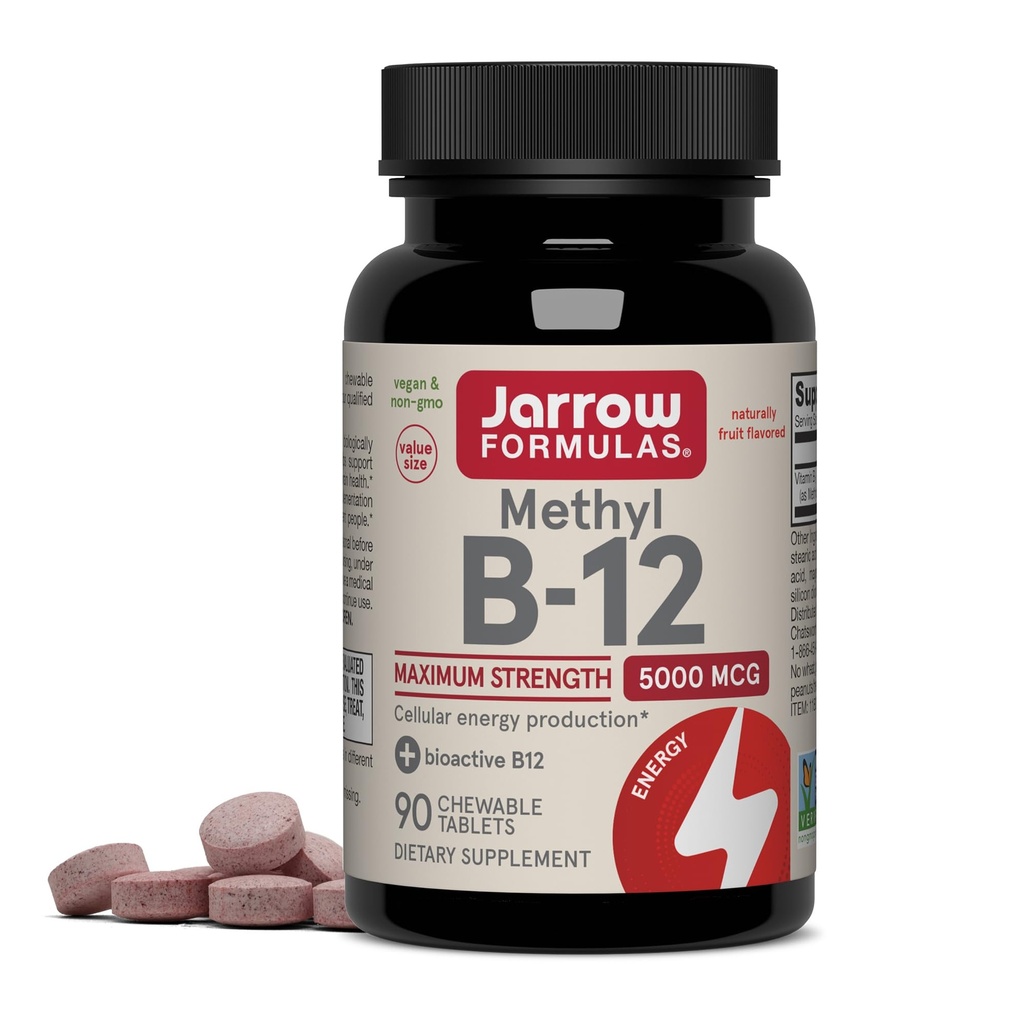 Jarrow Formulas B12 5000 mcg - Hücre Enerji ve Beyin Sağlığı için maksimum Güç, 90 Cherry Chewable Tabletler, B12 Vitaminleri 5000 mcg -