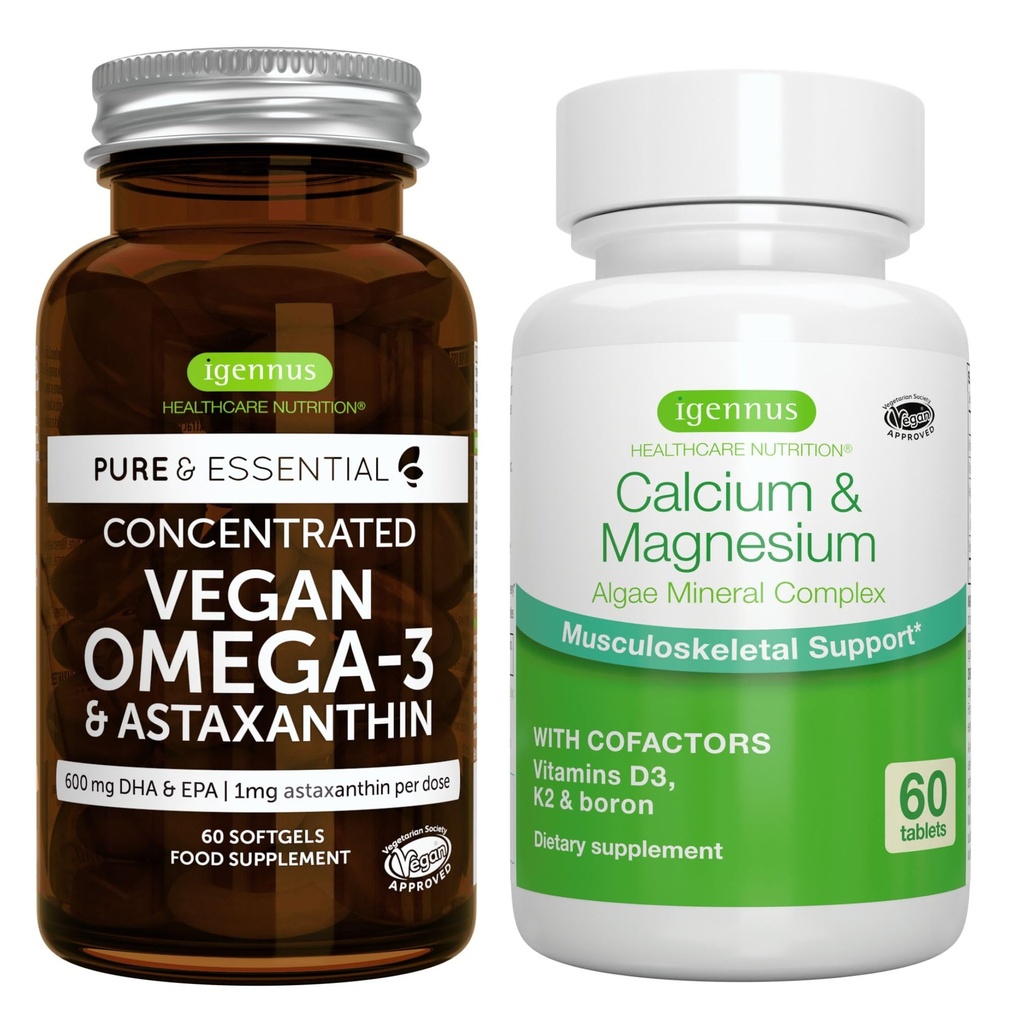 Vegan Omega-3 + Kalsiyum & Magnezyum Kompleksi Vegan Sche, Sürdürülebilir EPA & DHA Algae Petrol 1340 mg + 2:1 Bitki bazlı Algae Mineral Kompleksi, Igennus
