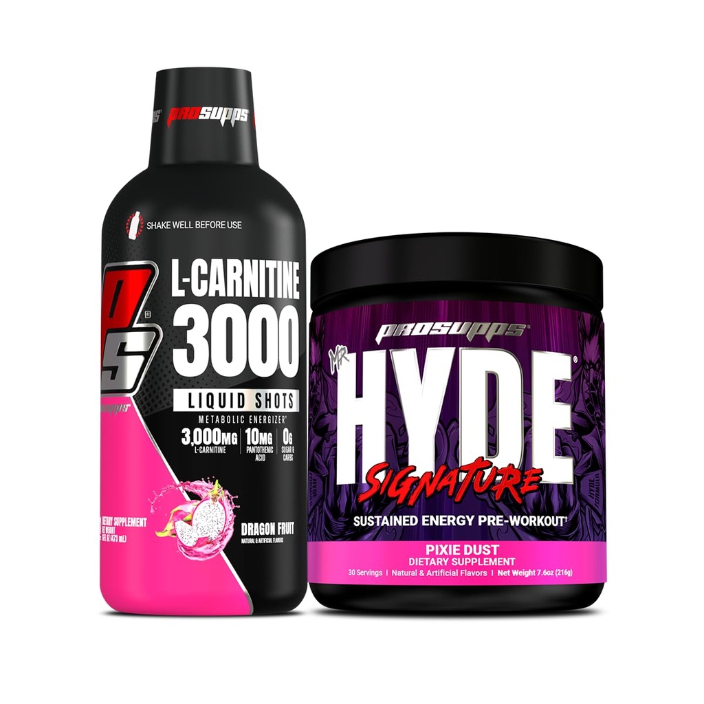 PROSUPPS L-Carnitine 3000 Stimulant Ücretsiz Sıvı Shots (31 Hizmet, Ejderha Meyvesi) ve Bay Hyde Signature Series Pre-Workout Energy Tozed Drink (30 hizmet, Pixie Dust)