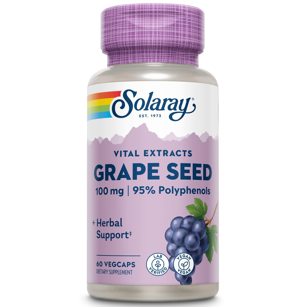 SOLARAY Grape Tohum 100 mg Plus Bioflavonoid Kompleksi | Sağlıklı Kartiovascular & Blood Gemi Desteği | 60 VegCaps