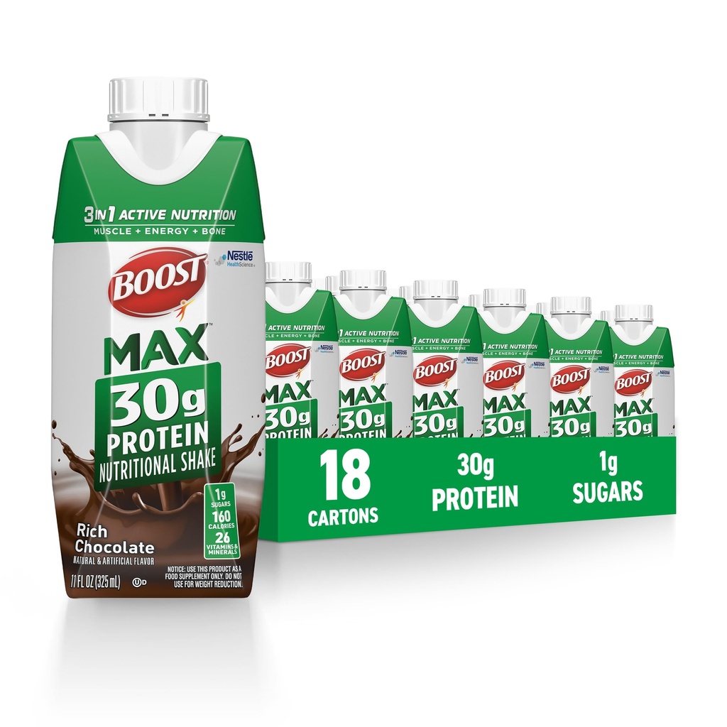 BOOST MAX Protein Shakes İçmeye Hazır - 30g Yüksek Protein Shake - Çikolata | Egzersizden Sonra Kas Kurtarmayı Desteklemek için Beslenme İçmeleri, 26 Vitamin & Minerals, 1g Sugar, 11 fl oz (Brook of 18)