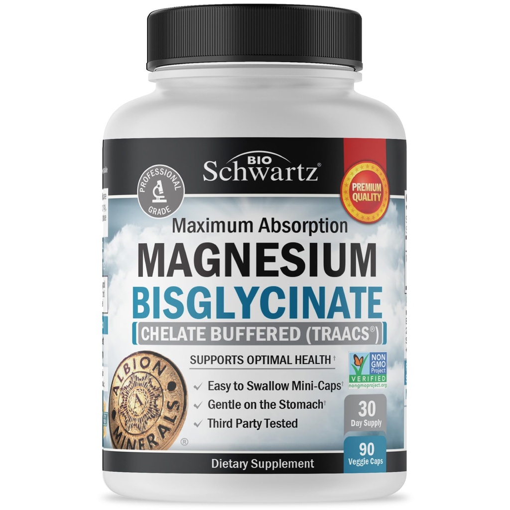 Magnezyum Bisglycinate 100% Chelate No-Laxative Etkisi - Maksimum Abhidrasyon & Bioavailability, Full Reffered - Sağlıklı Enerji Kas Bone & Ortak Destek - Non-GMO Projesi Doğrulandı - 90 ct