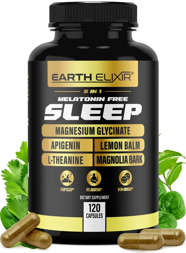 Dünya Elixir 4-in-1 Sleep Aid (120 Caps) w/Apigenin 50mg, Magnezyum Glycinate 200 mg, L Theanine 200 mg & Valerian Root for Sleep Aid 300mg | Apigenin Supplement for Sleep | Uyku Pills |