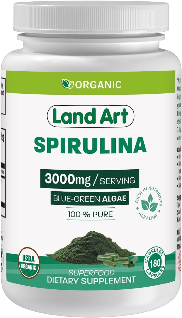 Land Art Sertifikalı Organik Spirulina - 180 Capsules - Superfood- Rich in Minerals, Vitaminler ve proteinler - Vegan