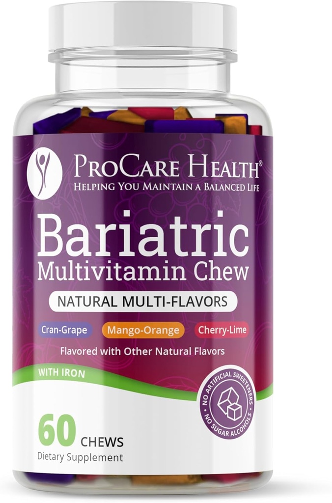 ProCare Health | Bariatrik Multivitamin | Soft Chew | 22.5 mg Iron | Bireysel olarak yuvarlandı | Multi-Flavor | Cran-Grape, Mango-Orange, Cherry-Lime | 60 Kont | 1 Ay Supply