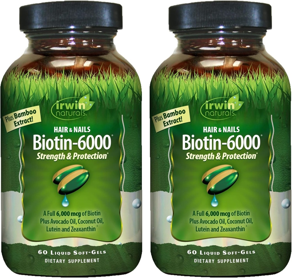 Irwin Naturals Biotin-6000-60 Liquid Soft-Gels, 2 Paket - Saç ve Nails için Güçlü ve Koruma - Aokado yağı, Coconut Oil, Lutein & Zeaxanthin - 60 Toplam Hizmetler
