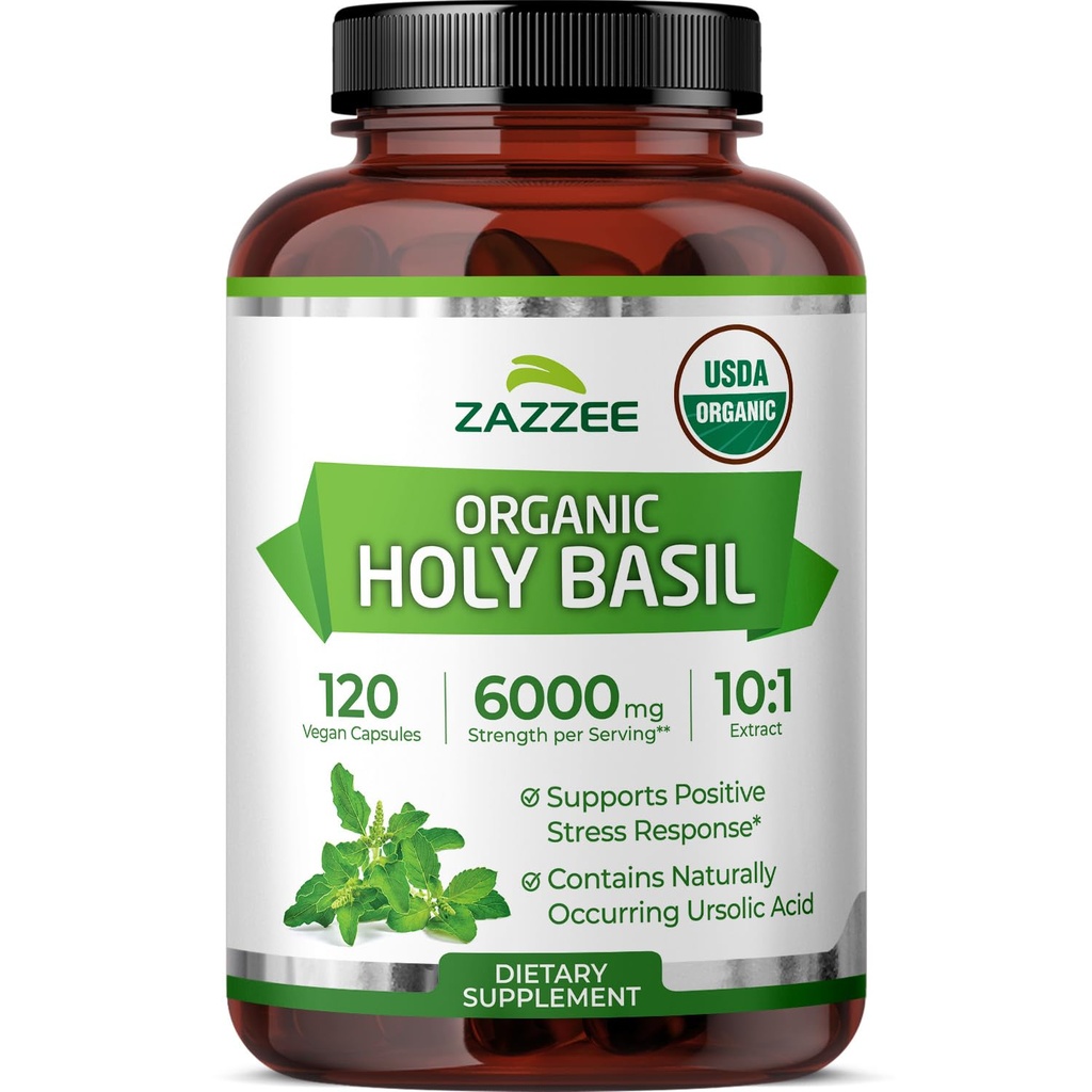Zazzee USDA Organik Kutsal Basil 10:1 Ekstraksiyon, 6000 mg Güçlü, 120 Vegan Capsules, Yoğun ve Standartlaştırılmış 10X Tulsi Ekstraksiyon, Ursolic Acid, 100% sertifikalı Organik, Non-GMO